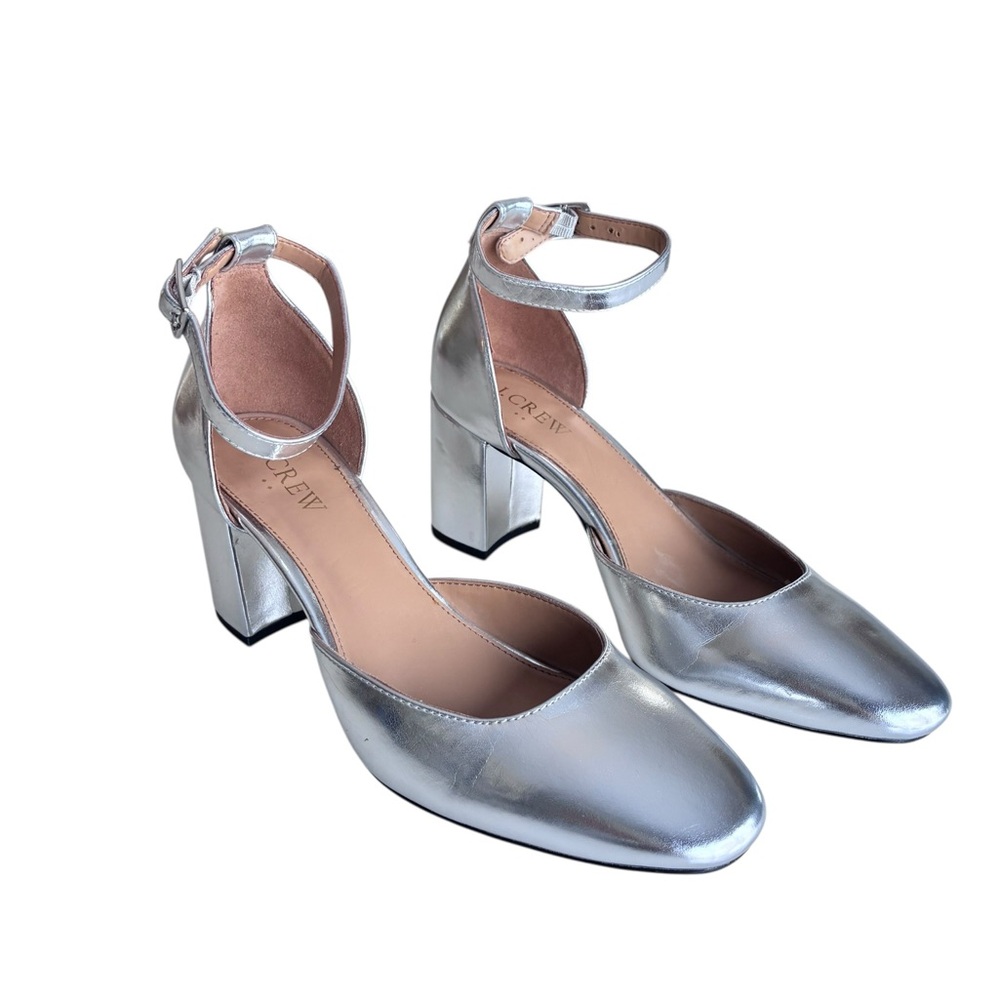 J. Crew Metallic Silver Block Heel Shoes Size 7.5 - Picture 2 of 11